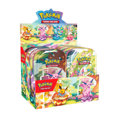 Prismatic Evolutions - Display Mini Lata Eevolutions Kit com 8 Pokémon TCG Inglês
